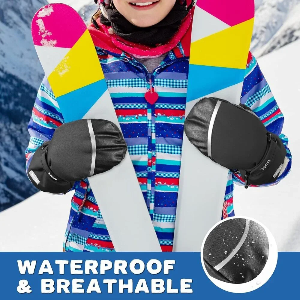 Kids Mittens Waterproof Winter Ski Warm Sherpa Lined Long Cuff with String